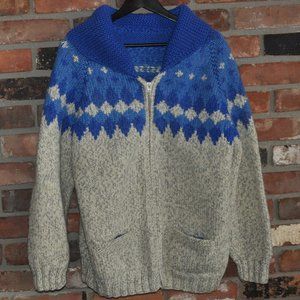 80s Blue & Grey Gray 100% WOOL KNIT Zip-Up Heavy Cardigan Sweater Apres Ski L